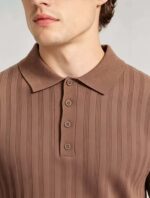 Vintage Hollow Vertical Textured Collared Knit Polo, Solid Heather Short Sleeve Premium Pullover for Men - Image 7