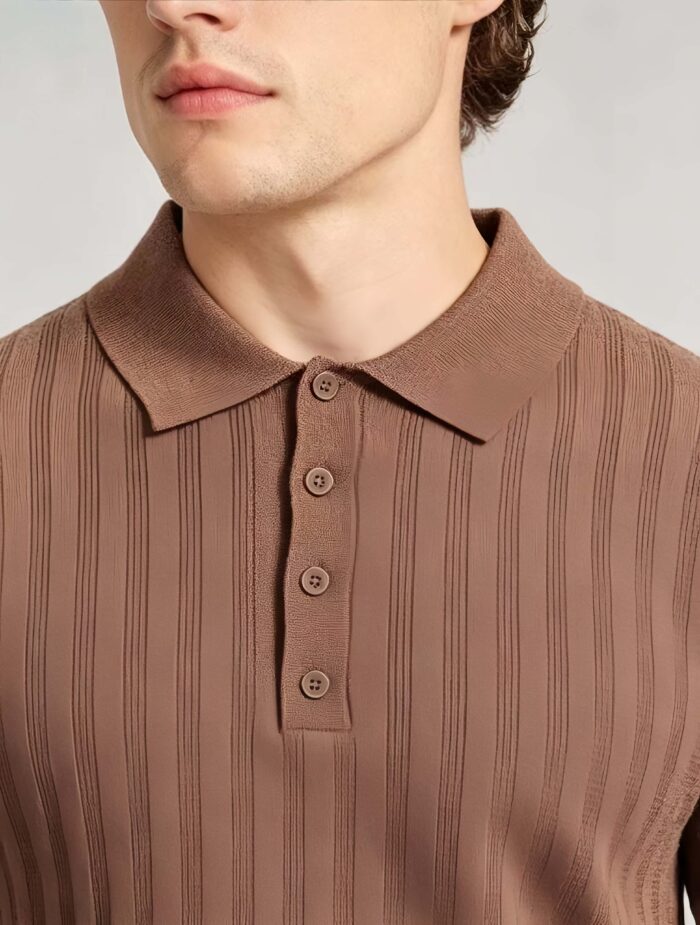 Vintage Hollow Vertical Textured Collared Knit Polo, Solid Heather Short Sleeve Premium Pullover for Men - Image 7