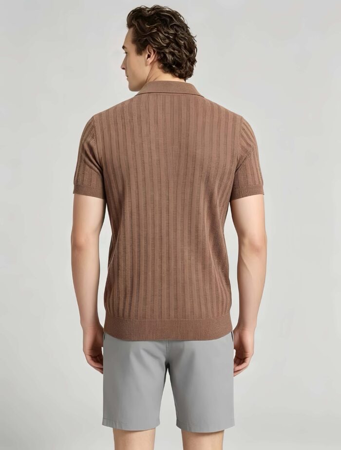 Vintage Hollow Vertical Textured Collared Knit Polo, Solid Heather Short Sleeve Premium Pullover for Men - Image 6