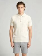Vintage Hollow Vertical Textured Collared Knit Polo, Solid Heather Short Sleeve Premium Pullover for Men - Image 5