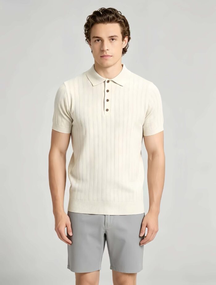 Vintage Hollow Vertical Textured Collared Knit Polo, Solid Heather Short Sleeve Premium Pullover for Men - Image 5