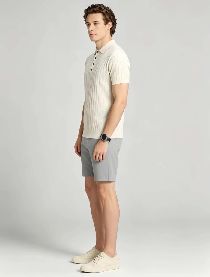 Vintage Hollow Vertical Textured Collared Knit Polo, Solid Heather Short Sleeve Premium Pullover for Men - Image 4
