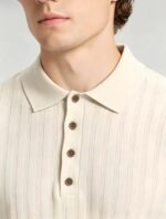 Vintage Hollow Vertical Textured Collared Knit Polo, Solid Heather Short Sleeve Premium Pullover for Men - Image 3