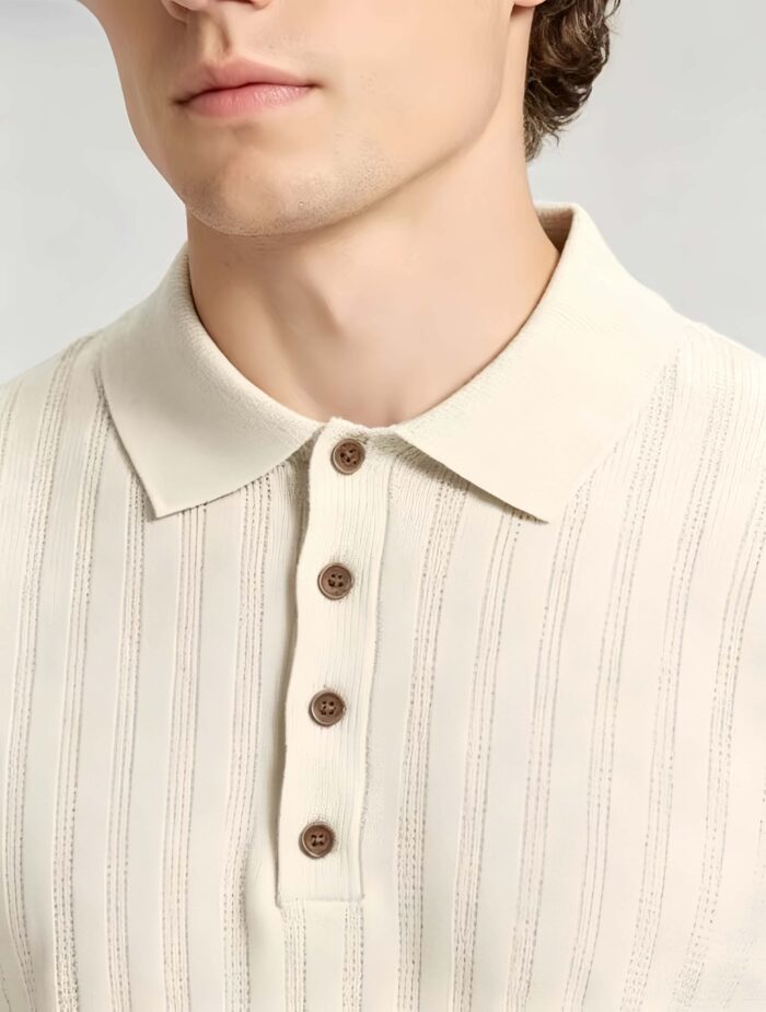 Vintage Hollow Vertical Textured Collared Knit Polo, Solid Heather Short Sleeve Premium Pullover for Men - Image 3