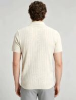 Vintage Hollow Vertical Textured Collared Knit Polo, Solid Heather Short Sleeve Premium Pullover for Men - Image 2