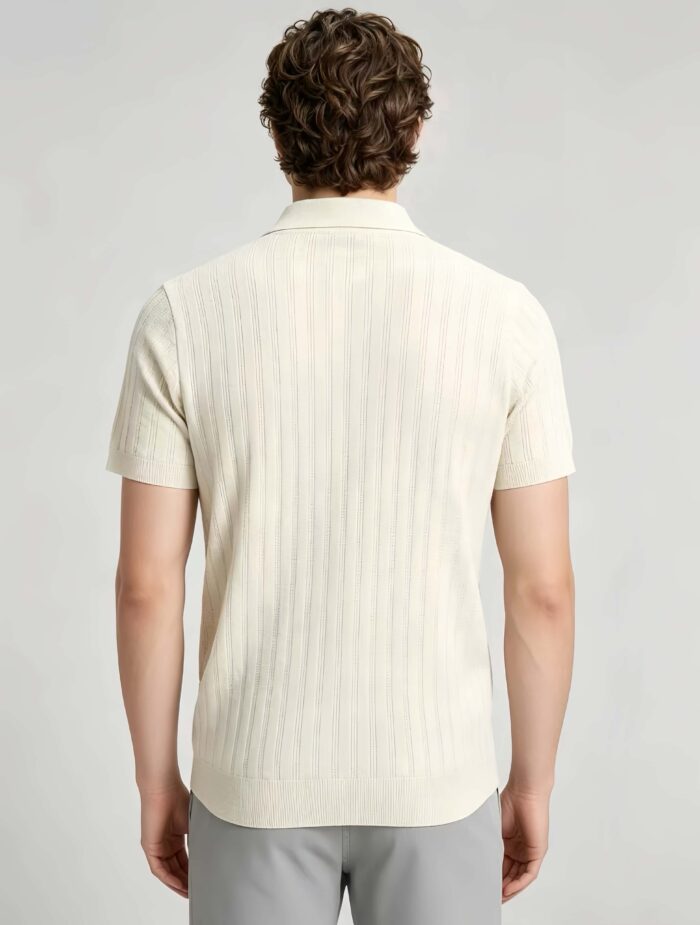 Vintage Hollow Vertical Textured Collared Knit Polo, Solid Heather Short Sleeve Premium Pullover for Men - Image 2