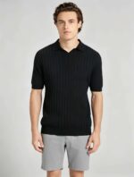 Breathable Stretch Vertical Rib Knit Polo, Buttonless Collar Short Sleeve All-Match Solid Shirt for Business Casual Wear - Image 6