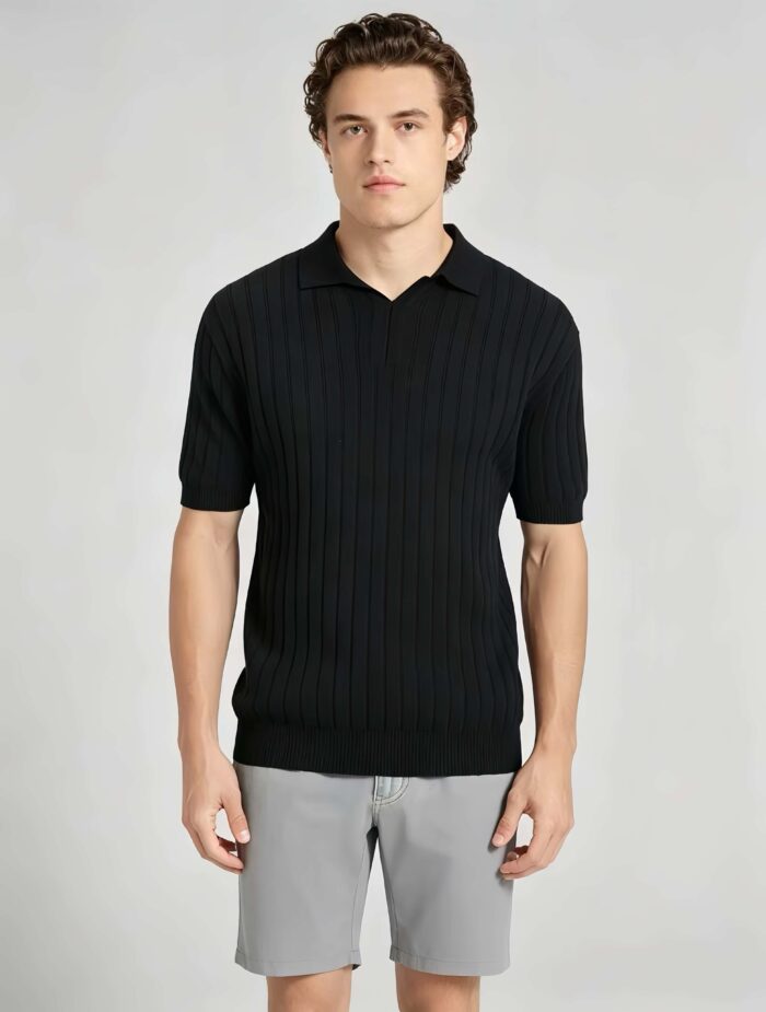 Breathable Stretch Vertical Rib Knit Polo, Buttonless Collar Short Sleeve All-Match Solid Shirt for Business Casual Wear - Image 6