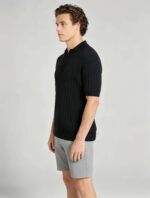 Breathable Stretch Vertical Rib Knit Polo, Buttonless Collar Short Sleeve All-Match Solid Shirt for Business Casual Wear - Image 7