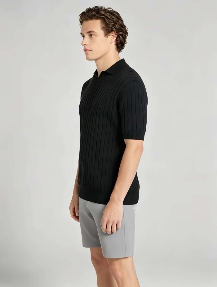 Breathable Stretch Vertical Rib Knit Polo, Buttonless Collar Short Sleeve All-Match Solid Shirt for Business Casual Wear - Image 7
