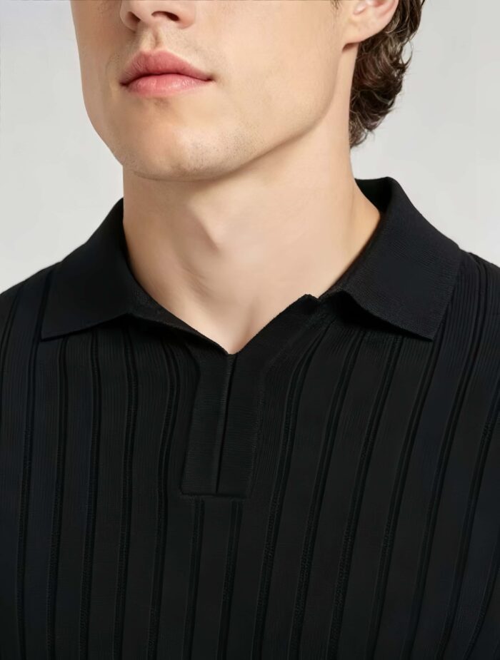Breathable Stretch Vertical Rib Knit Polo, Buttonless Collar Short Sleeve All-Match Solid Shirt for Business Casual Wear - Image 8