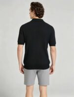 Breathable Stretch Vertical Rib Knit Polo, Buttonless Collar Short Sleeve All-Match Solid Shirt for Business Casual Wear - Image 9