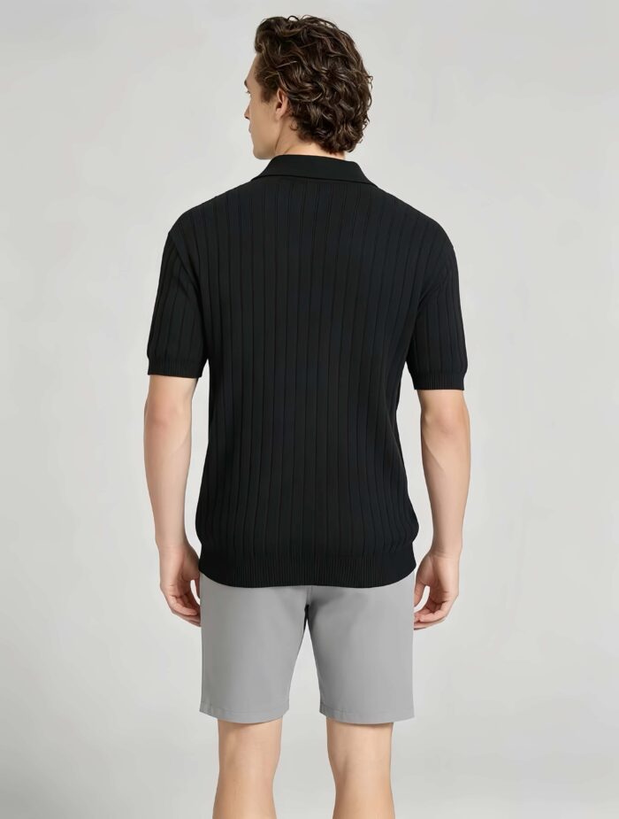 Breathable Stretch Vertical Rib Knit Polo, Buttonless Collar Short Sleeve All-Match Solid Shirt for Business Casual Wear - Image 9