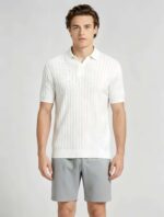 Breathable Stretch Vertical Rib Knit Polo, Buttonless Collar Short Sleeve All-Match Solid Shirt for Business Casual Wear - Image 10