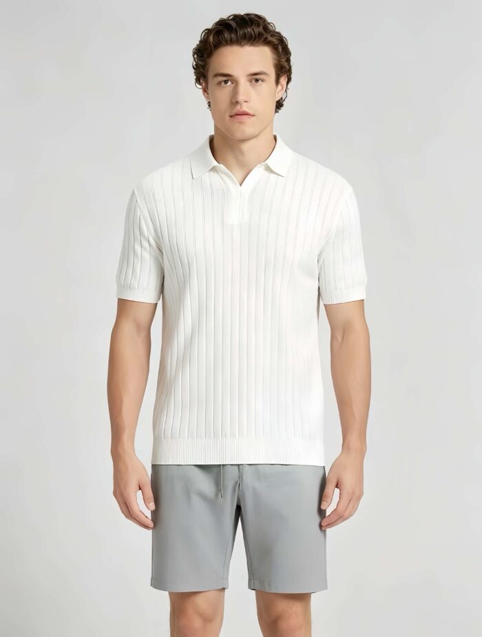 Breathable Stretch Vertical Rib Knit Polo, Buttonless Collar Short Sleeve All-Match Solid Shirt for Business Casual Wear - Image 10