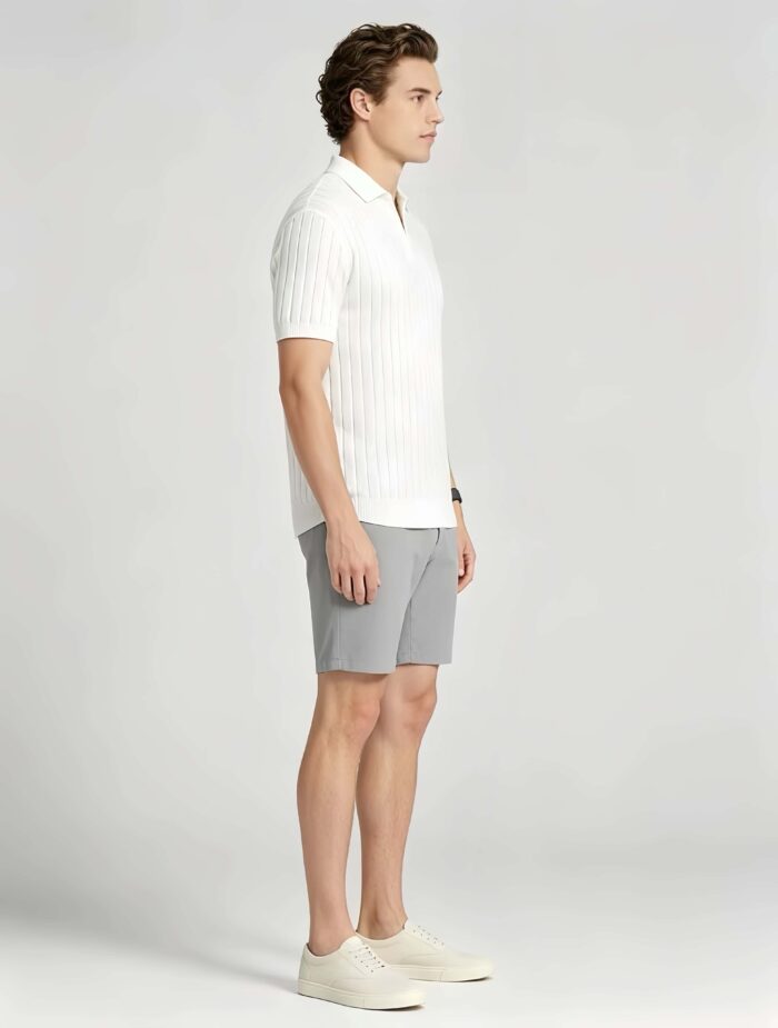 Breathable Stretch Vertical Rib Knit Polo, Buttonless Collar Short Sleeve All-Match Solid Shirt for Business Casual Wear - Image 11