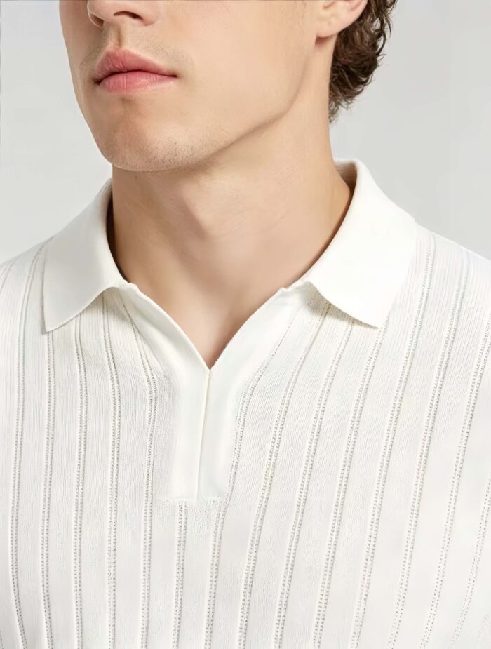 Breathable Stretch Vertical Rib Knit Polo, Buttonless Collar Short Sleeve All-Match Solid Shirt for Business Casual Wear - Image 12