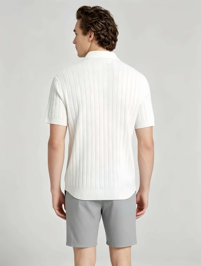 Breathable Stretch Vertical Rib Knit Polo, Buttonless Collar Short Sleeve All-Match Solid Shirt for Business Casual Wear - Image 13