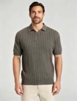Breathable Stretch Vertical Rib Knit Polo, Buttonless Collar Short Sleeve All-Match Solid Shirt for Business Casual Wear - Image 14