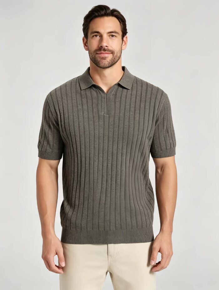 Breathable Stretch Vertical Rib Knit Polo, Buttonless Collar Short Sleeve All-Match Solid Shirt for Business Casual Wear - Image 14