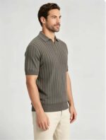 Breathable Stretch Vertical Rib Knit Polo, Buttonless Collar Short Sleeve All-Match Solid Shirt for Business Casual Wear - Image 15