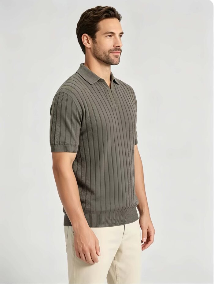 Breathable Stretch Vertical Rib Knit Polo, Buttonless Collar Short Sleeve All-Match Solid Shirt for Business Casual Wear - Image 15