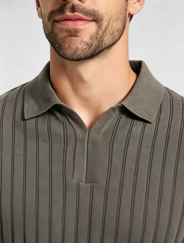Breathable Stretch Vertical Rib Knit Polo, Buttonless Collar Short Sleeve All-Match Solid Shirt for Business Casual Wear - Image 16