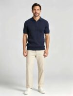 Breathable Stretch Vertical Rib Knit Polo, Buttonless Collar Short Sleeve All-Match Solid Shirt for Business Casual Wear - Image 5