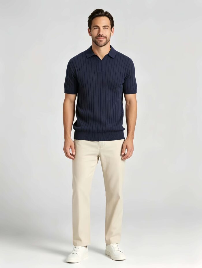 Breathable Stretch Vertical Rib Knit Polo, Buttonless Collar Short Sleeve All-Match Solid Shirt for Business Casual Wear - Image 5