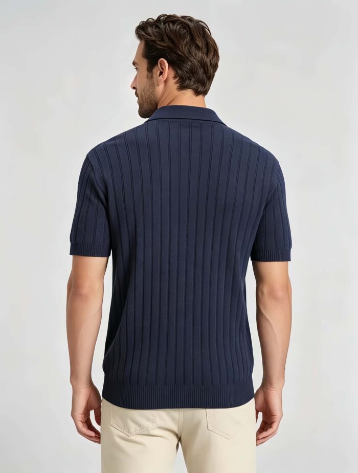 Breathable Stretch Vertical Rib Knit Polo, Buttonless Collar Short Sleeve All-Match Solid Shirt for Business Casual Wear - Image 4