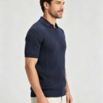 Breathable Stretch Vertical Rib Knit Polo, Buttonless Collar Short Sleeve All-Match Solid Shirt for Business Casual Wear