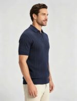 Breathable Stretch Vertical Rib Knit Polo, Buttonless Collar Short Sleeve All-Match Solid Shirt for Business Casual Wear