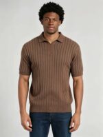 Breathable Stretch Vertical Rib Knit Polo, Buttonless Collar Short Sleeve All-Match Solid Shirt for Business Casual Wear - Image 18