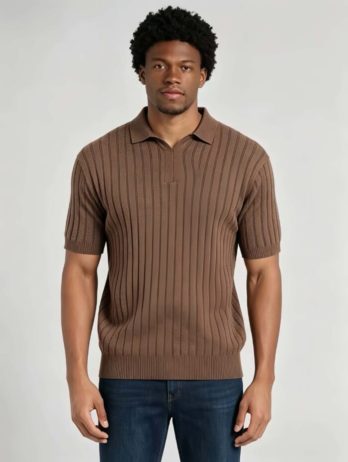 Breathable Stretch Vertical Rib Knit Polo, Buttonless Collar Short Sleeve All-Match Solid Shirt for Business Casual Wear - Image 18