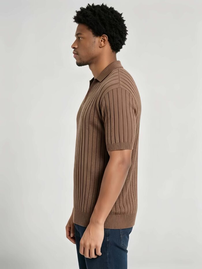 Breathable Stretch Vertical Rib Knit Polo, Buttonless Collar Short Sleeve All-Match Solid Shirt for Business Casual Wear - Image 19