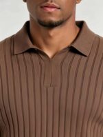 Breathable Stretch Vertical Rib Knit Polo, Buttonless Collar Short Sleeve All-Match Solid Shirt for Business Casual Wear - Image 20