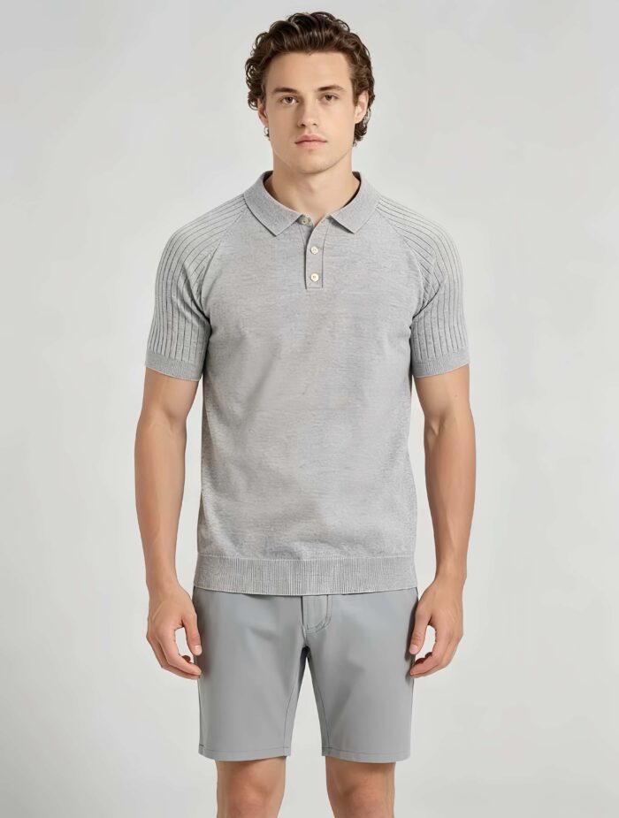 Vintage Raglan Textured Collared Knit Polo, Solid Heather Short Sleeve Premium Pullover for Men - Image 2