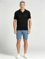 Solid Vertical Textured V-Collar Knit Polo, Slim Fit Short Sleeve Minimalist Pullover for Men - Image 6