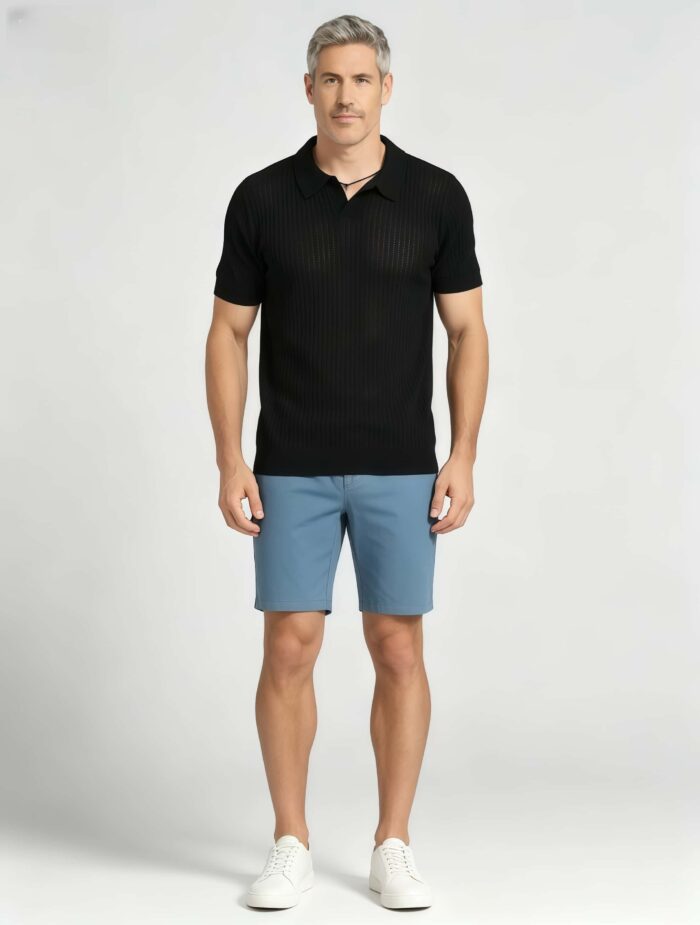 Solid Vertical Textured V-Collar Knit Polo, Slim Fit Short Sleeve Minimalist Pullover for Men - Image 6