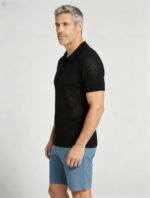 Solid Vertical Textured V-Collar Knit Polo, Slim Fit Short Sleeve Minimalist Pullover for Men - Image 7