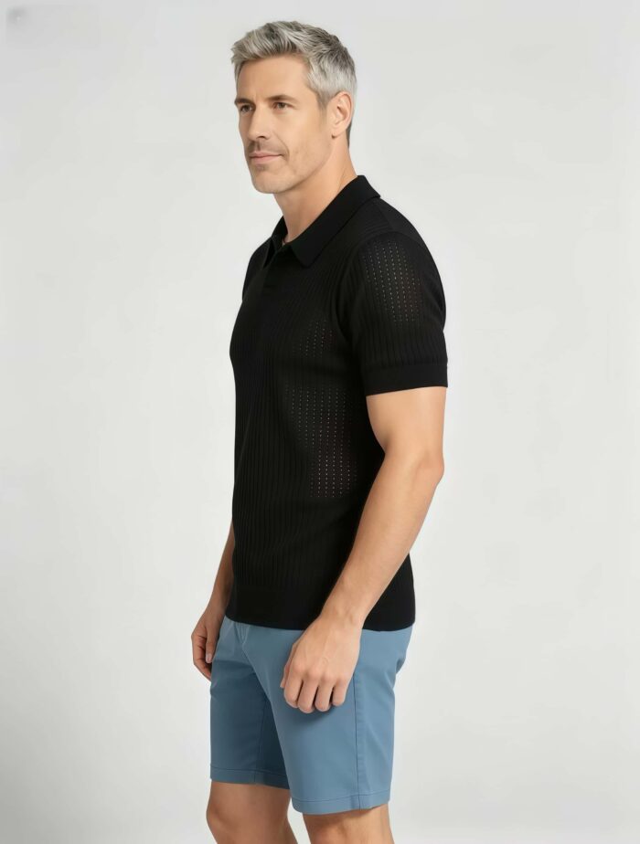 Solid Vertical Textured V-Collar Knit Polo, Slim Fit Short Sleeve Minimalist Pullover for Men - Image 7