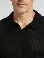 Solid Vertical Textured V-Collar Knit Polo, Slim Fit Short Sleeve Minimalist Pullover for Men - Image 8