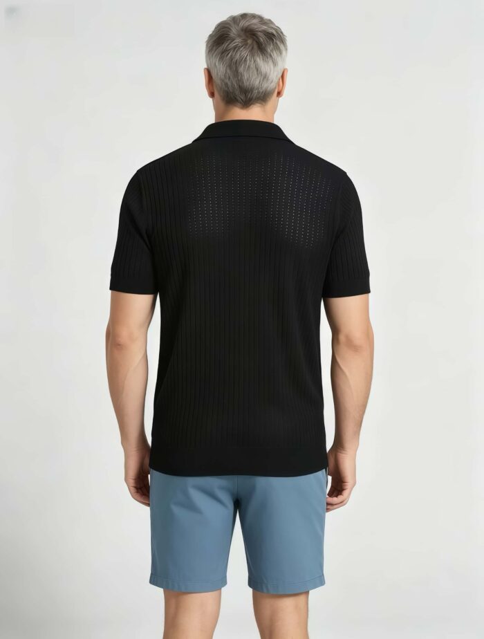 Solid Vertical Textured V-Collar Knit Polo, Slim Fit Short Sleeve Minimalist Pullover for Men - Image 9