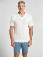 Solid Vertical Textured V-Collar Knit Polo, Slim Fit Short Sleeve Minimalist Pullover for Men - Image 10