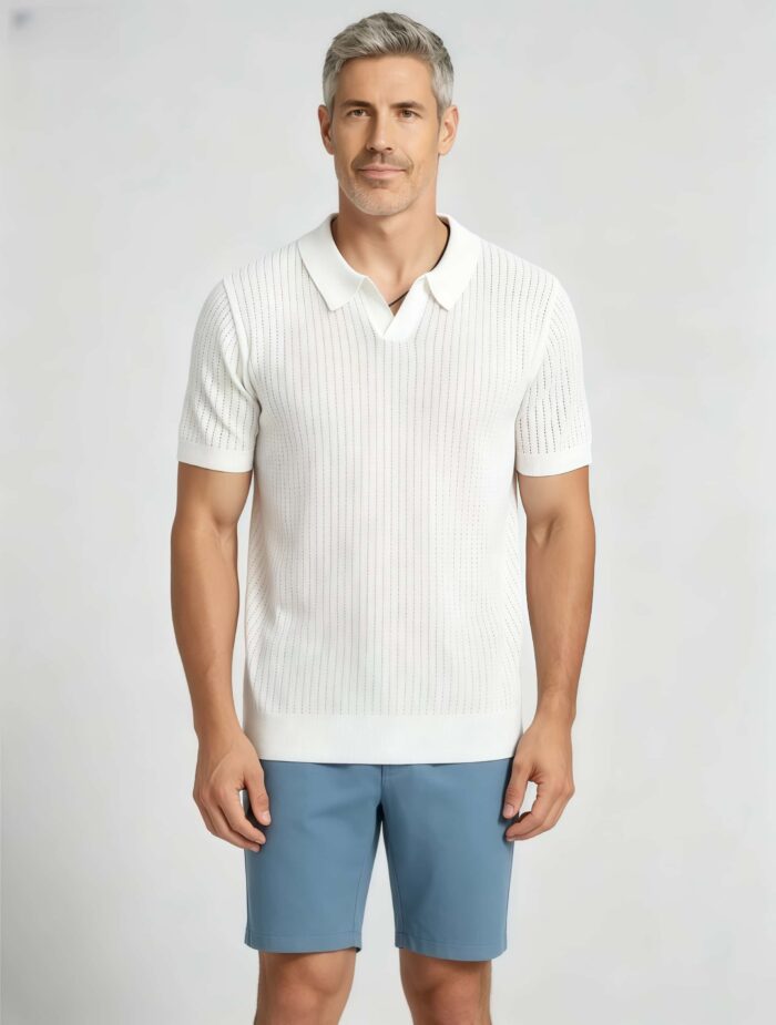 Solid Vertical Textured V-Collar Knit Polo, Slim Fit Short Sleeve Minimalist Pullover for Men - Image 10