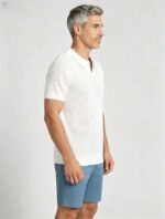 Solid Vertical Textured V-Collar Knit Polo, Slim Fit Short Sleeve Minimalist Pullover for Men - Image 11