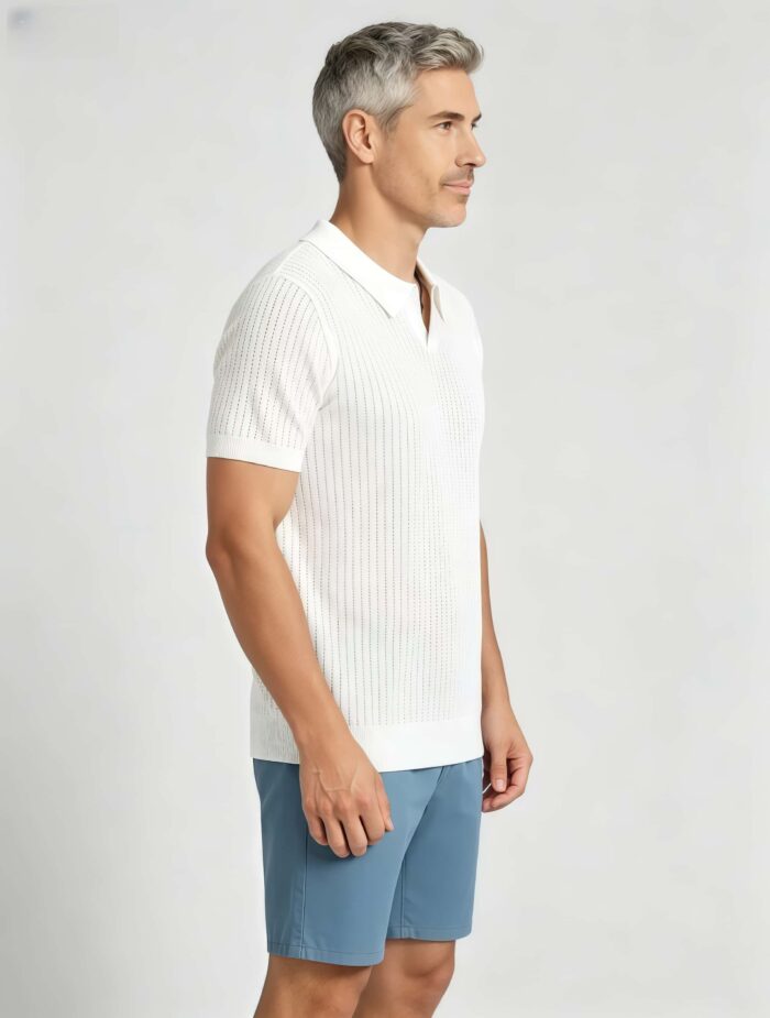 Solid Vertical Textured V-Collar Knit Polo, Slim Fit Short Sleeve Minimalist Pullover for Men - Image 11