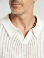 Solid Vertical Textured V-Collar Knit Polo, Slim Fit Short Sleeve Minimalist Pullover for Men - Image 12