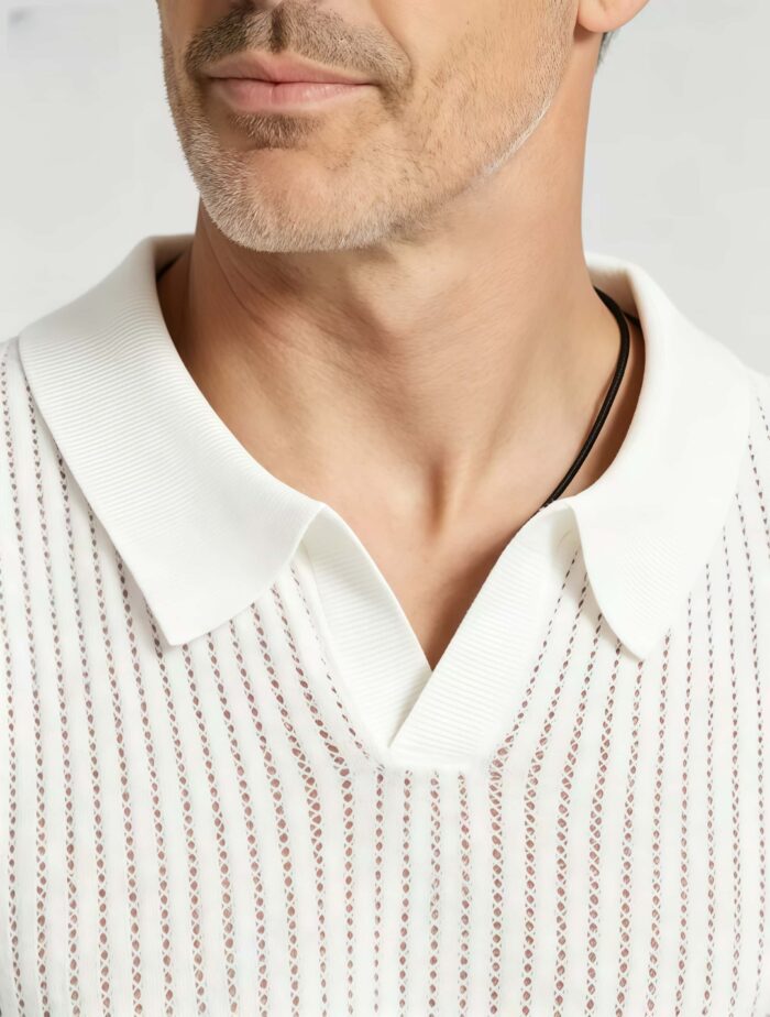 Solid Vertical Textured V-Collar Knit Polo, Slim Fit Short Sleeve Minimalist Pullover for Men - Image 12