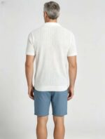 Solid Vertical Textured V-Collar Knit Polo, Slim Fit Short Sleeve Minimalist Pullover for Men - Image 13